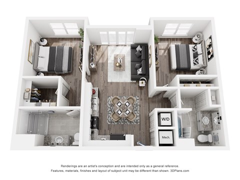Floor plan for 2 beds, 2 baths, 956 sqft